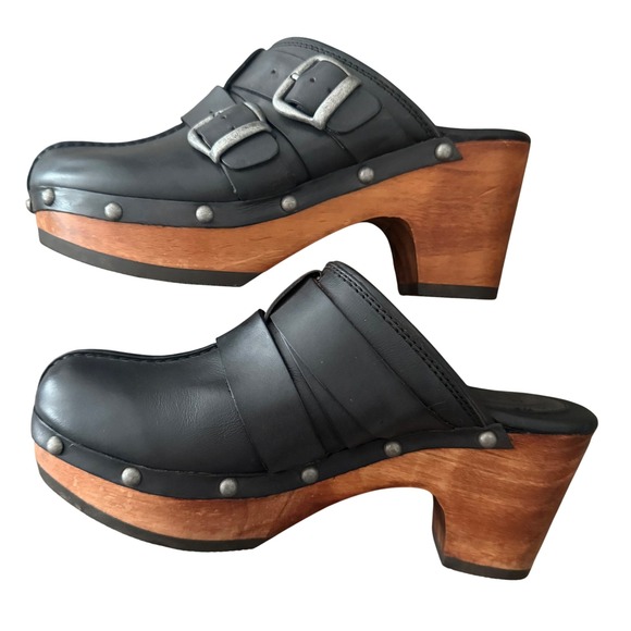Ariat RARE Y2K Wooden Heeled Leather Clogs Black Buckle Mule Sandals Size 7.5‎ - Picture 1 of 12